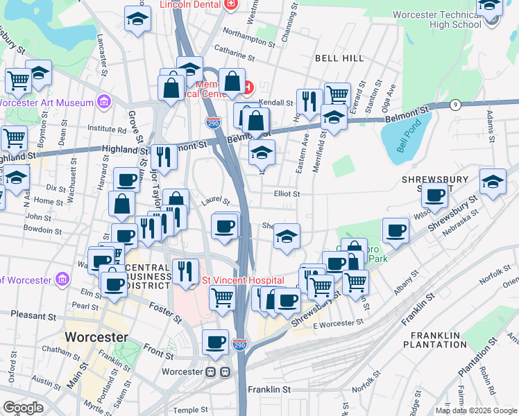 map of restaurants, bars, coffee shops, grocery stores, and more near 41 Laurel Street in Worcester