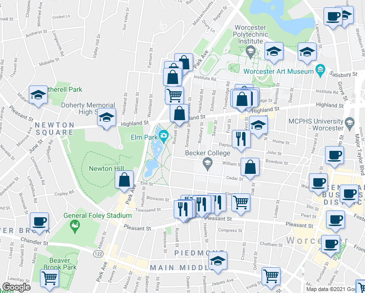map of restaurants, bars, coffee shops, grocery stores, and more near 7 Somerset Street in Worcester