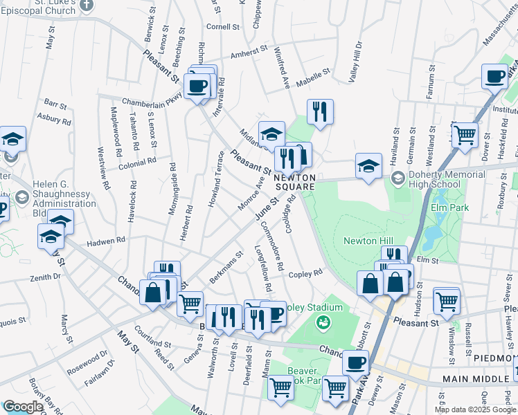 map of restaurants, bars, coffee shops, grocery stores, and more near 29 June Street in Worcester