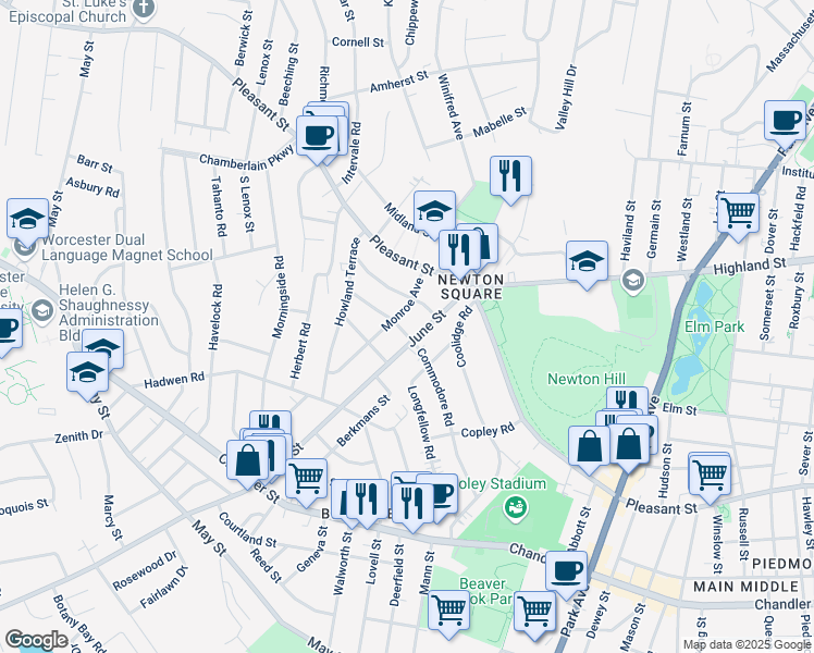map of restaurants, bars, coffee shops, grocery stores, and more near 29 June Street in Worcester