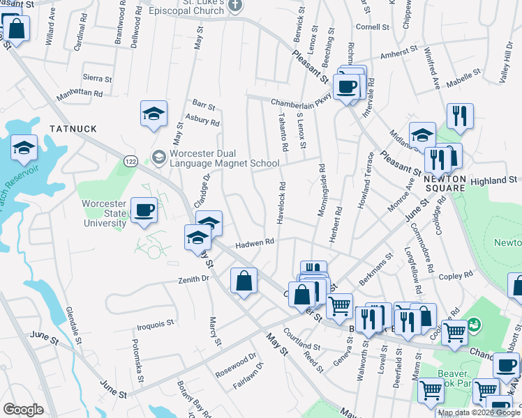 map of restaurants, bars, coffee shops, grocery stores, and more near 58 Westview Road in Worcester