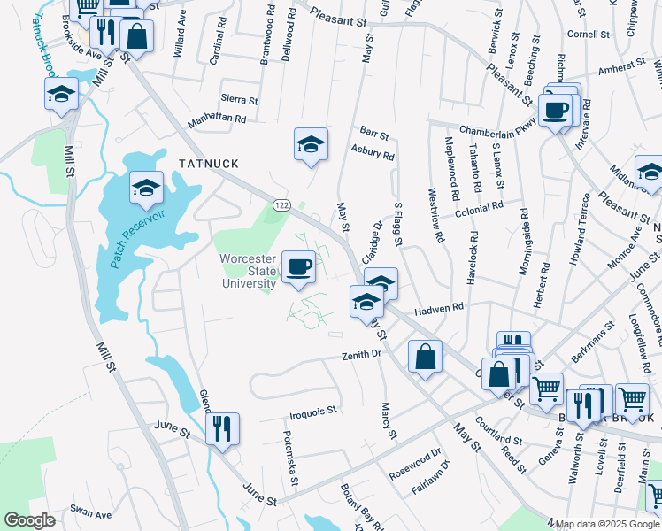 map of restaurants, bars, coffee shops, grocery stores, and more near 486 Chandler Street in Worcester