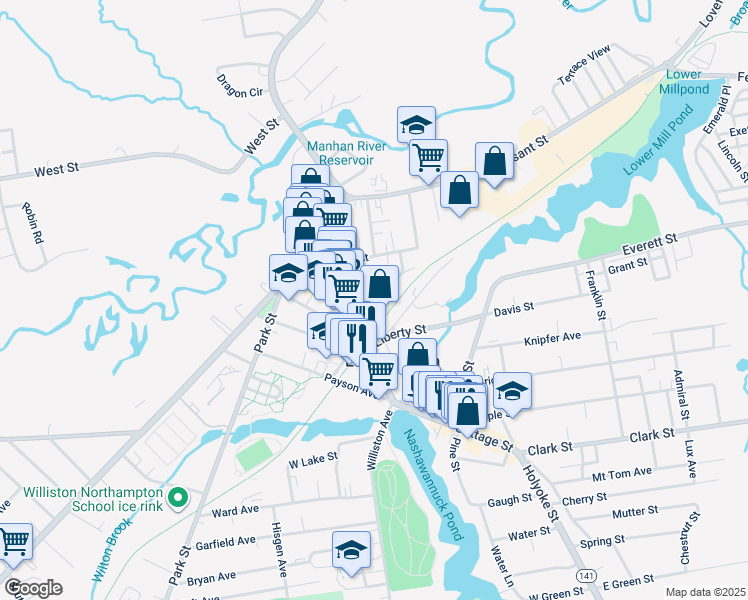 map of restaurants, bars, coffee shops, grocery stores, and more near 6 Chapman Ave in Easthampton