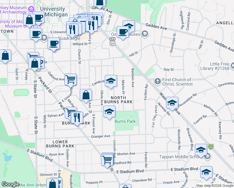 map of restaurants, bars, coffee shops, grocery stores, and more near 1028 Lincoln Avenue in Ann Arbor
