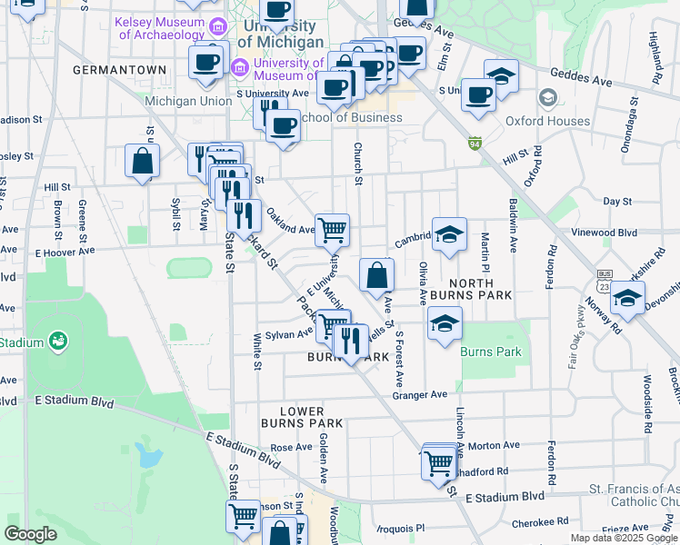 map of restaurants, bars, coffee shops, grocery stores, and more near 1108 East University Avenue in Ann Arbor