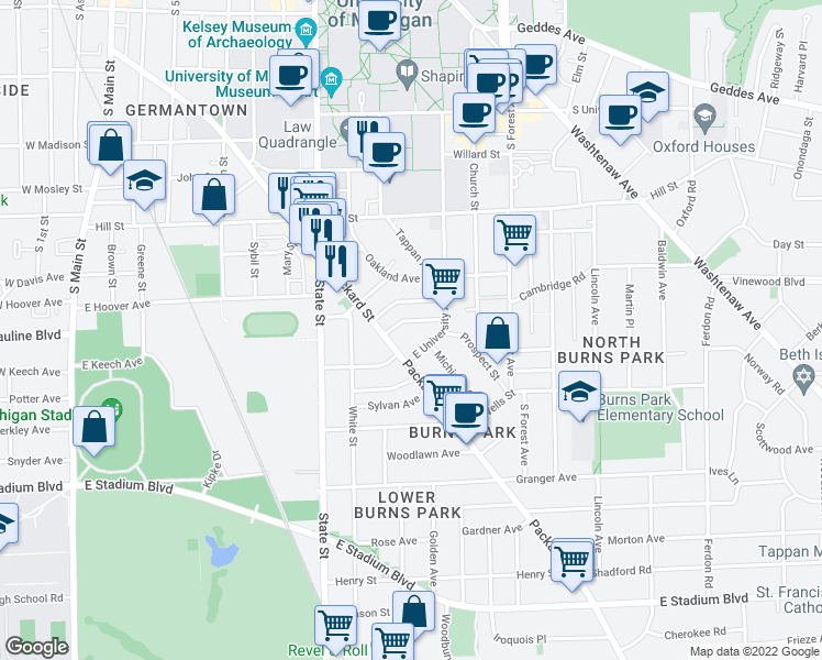 map of restaurants, bars, coffee shops, grocery stores, and more near 909 Packard Street in Ann Arbor