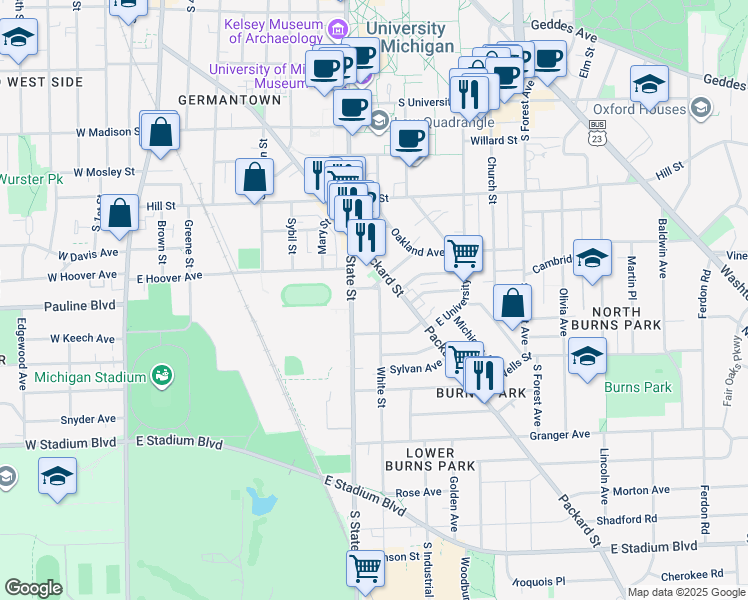 map of restaurants, bars, coffee shops, grocery stores, and more near 1111 White Street in Ann Arbor