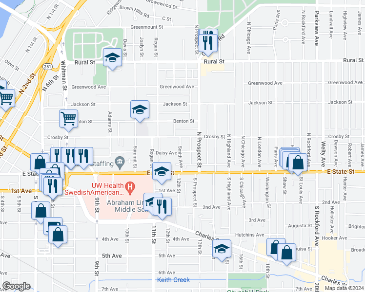map of restaurants, bars, coffee shops, grocery stores, and more near 206 Smith Avenue in Rockford