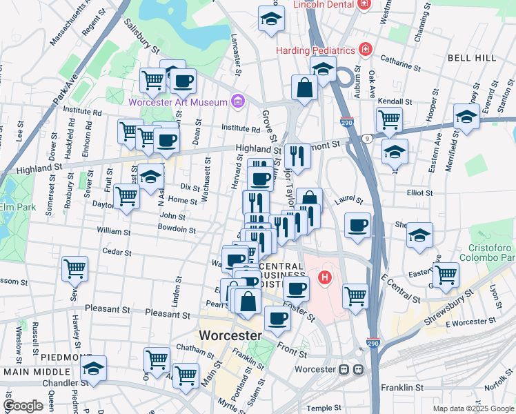 map of restaurants, bars, coffee shops, grocery stores, and more near 148 Main Street in Worcester