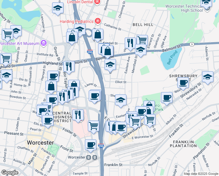 map of restaurants, bars, coffee shops, grocery stores, and more near 41 Laurel Street in Worcester
