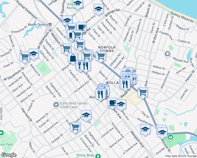 map of restaurants, bars, coffee shops, grocery stores, and more near 10 Weston Avenue in Quincy