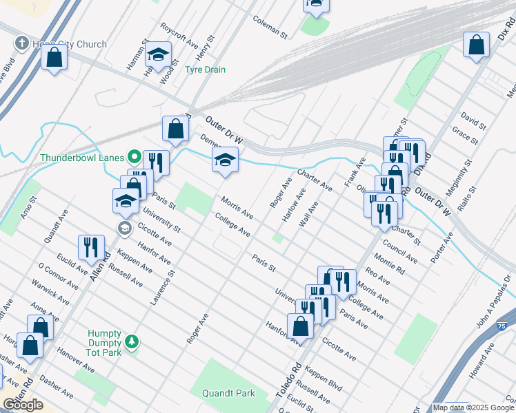 map of restaurants, bars, coffee shops, grocery stores, and more near 4060 Roger Avenue in Allen Park