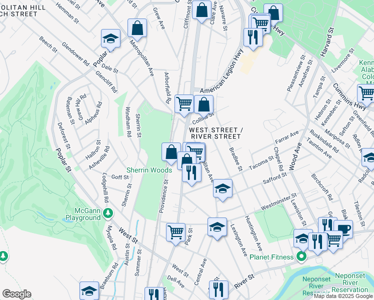 map of restaurants, bars, coffee shops, grocery stores, and more near 915 Hyde Park Avenue in Boston