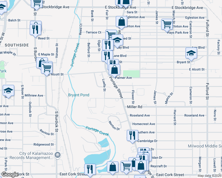 map of restaurants, bars, coffee shops, grocery stores, and more near 616 Luella Court in Kalamazoo