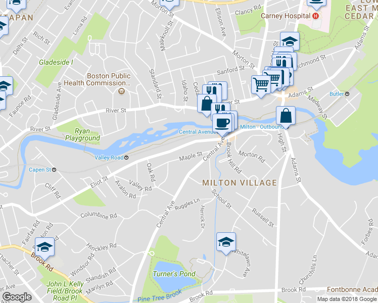 map of restaurants, bars, coffee shops, grocery stores, and more near 43 Maple Street in Milton