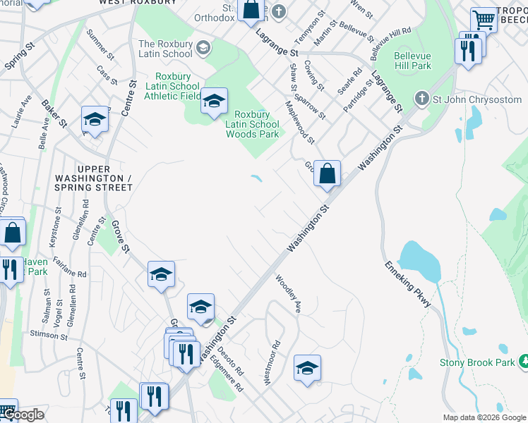 map of restaurants, bars, coffee shops, grocery stores, and more near 47 High View Avenue in Boston