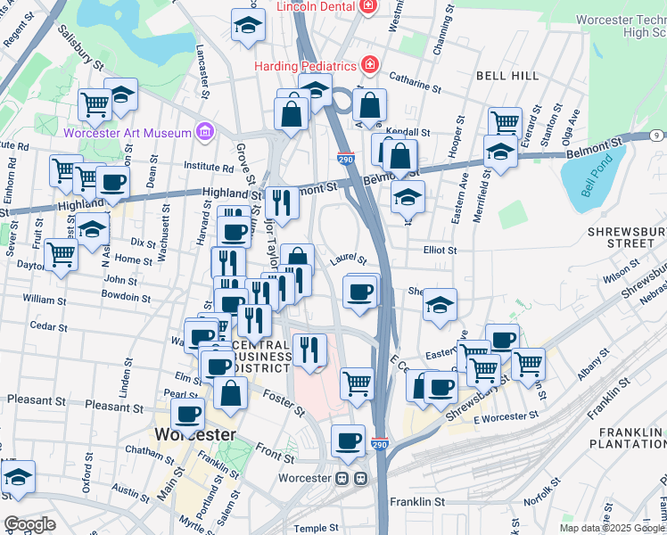 map of restaurants, bars, coffee shops, grocery stores, and more near 7 Laurel Street in Worcester