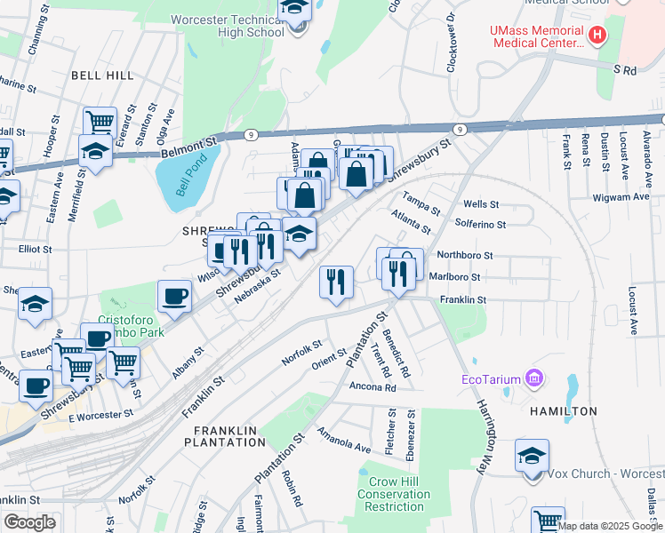 map of restaurants, bars, coffee shops, grocery stores, and more near 17 Putnam Lane in Worcester