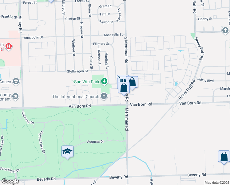 map of restaurants, bars, coffee shops, grocery stores, and more near 31500 Van Born Road in Wayne