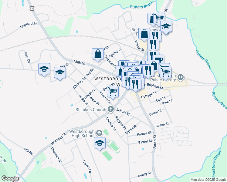 map of restaurants, bars, coffee shops, grocery stores, and more near 13 Parkman Street in Westborough