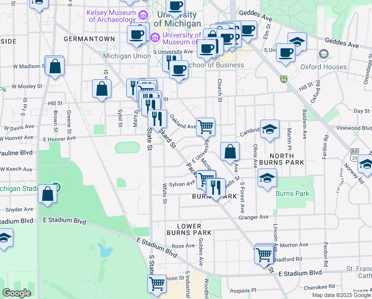 map of restaurants, bars, coffee shops, grocery stores, and more near 914 Vaughn Street in Ann Arbor