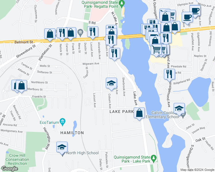 map of restaurants, bars, coffee shops, grocery stores, and more near 124 Coburn Avenue in Worcester