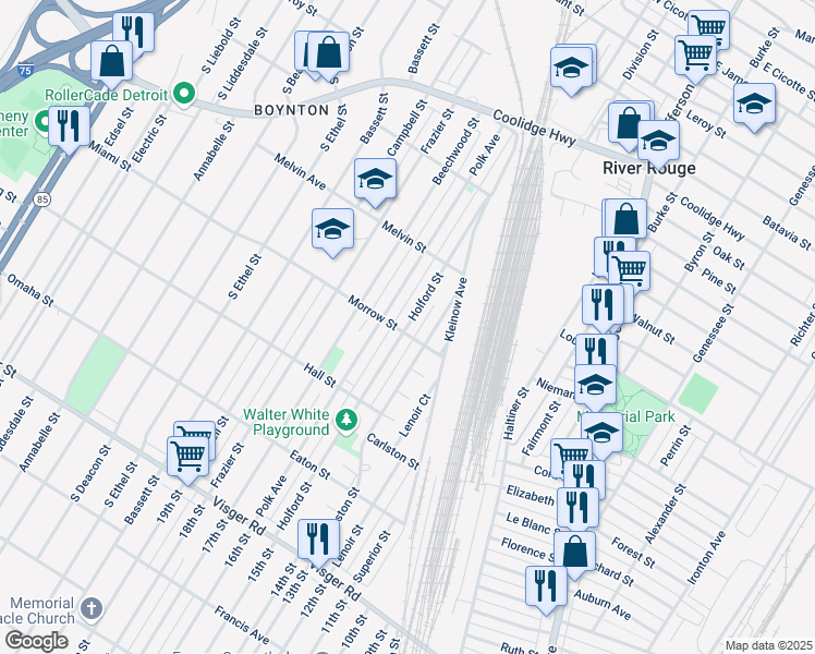 map of restaurants, bars, coffee shops, grocery stores, and more near 391 Holford Street in River Rouge