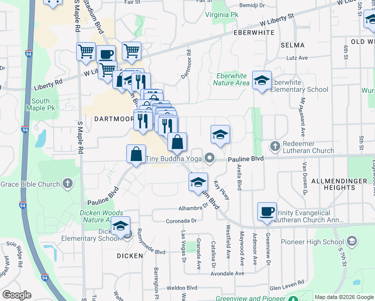map of restaurants, bars, coffee shops, grocery stores, and more near in Ann Arbor