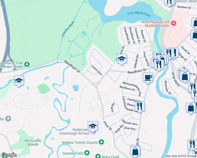 map of restaurants, bars, coffee shops, grocery stores, and more near 235 Needham Street in Dedham