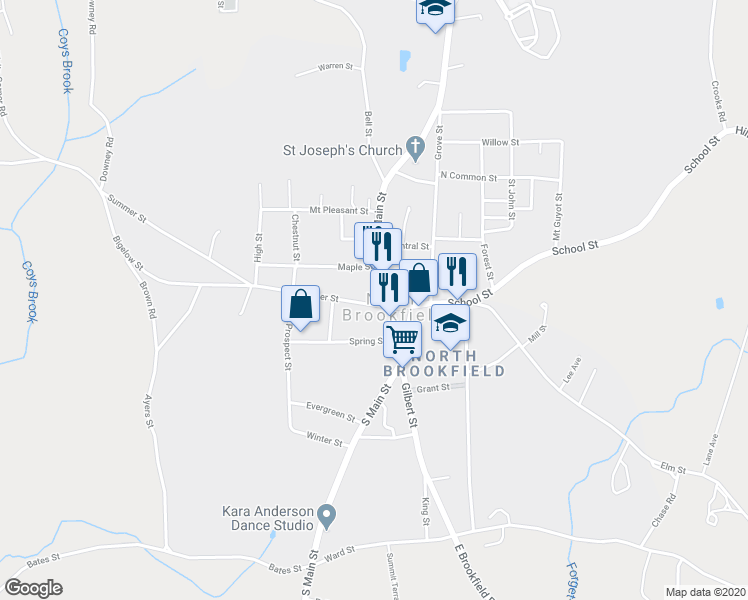 map of restaurants, bars, coffee shops, grocery stores, and more near 24 Summer Street in North Brookfield