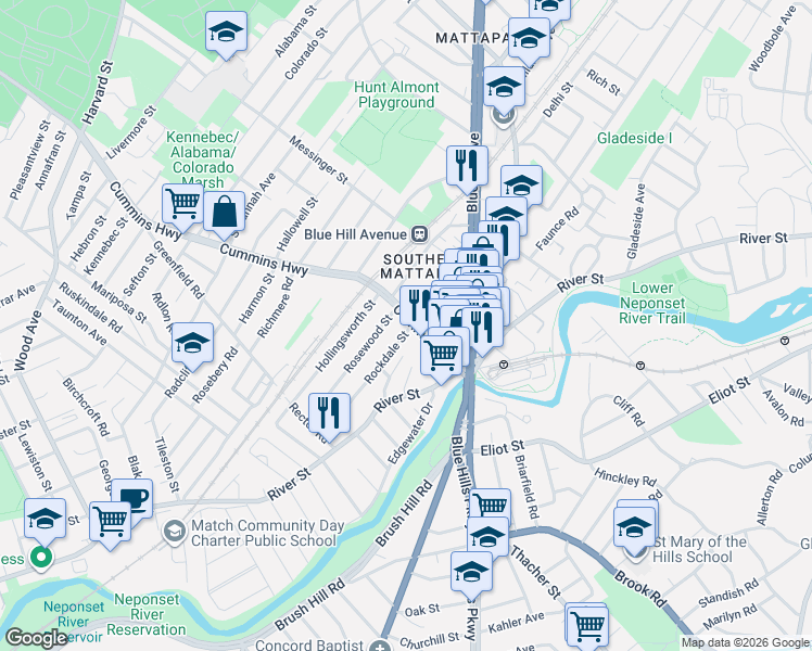 map of restaurants, bars, coffee shops, grocery stores, and more near 20 Rosewood Street in Boston