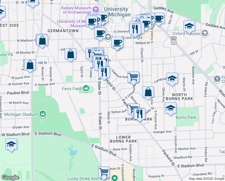 map of restaurants, bars, coffee shops, grocery stores, and more near 1111 White Street in Ann Arbor