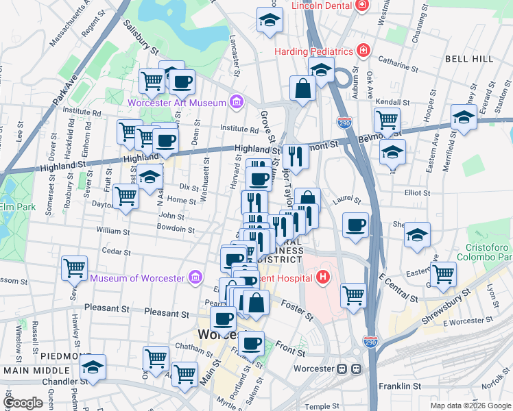 map of restaurants, bars, coffee shops, grocery stores, and more near 144 Main Street in Worcester