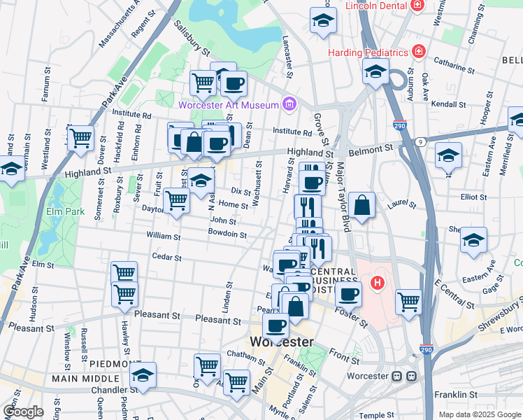map of restaurants, bars, coffee shops, grocery stores, and more near 6 Wachusett Street in Worcester