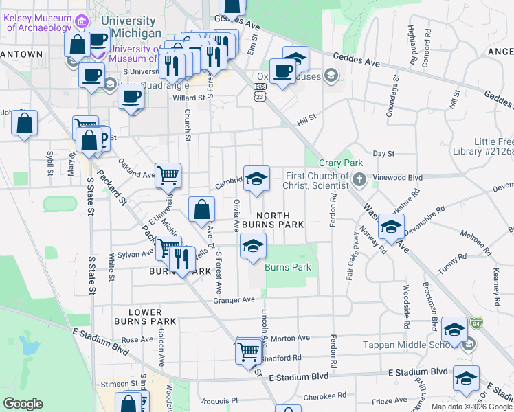 map of restaurants, bars, coffee shops, grocery stores, and more near 1020 Lincoln Avenue in Ann Arbor