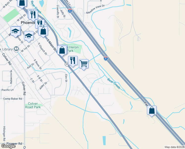 map of restaurants, bars, coffee shops, grocery stores, and more near 4601 South Pacific Highway in Phoenix