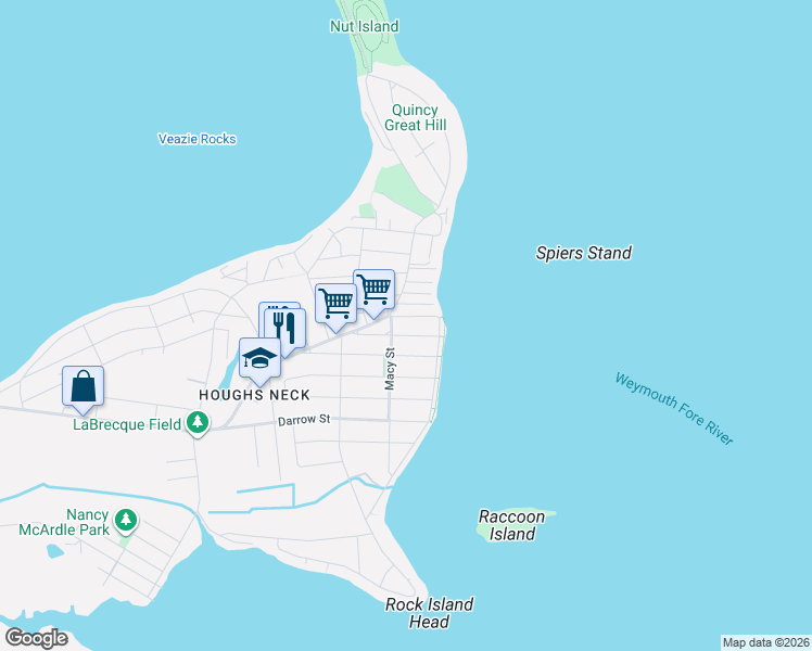 map of restaurants, bars, coffee shops, grocery stores, and more near 54 Wall Street in Quincy