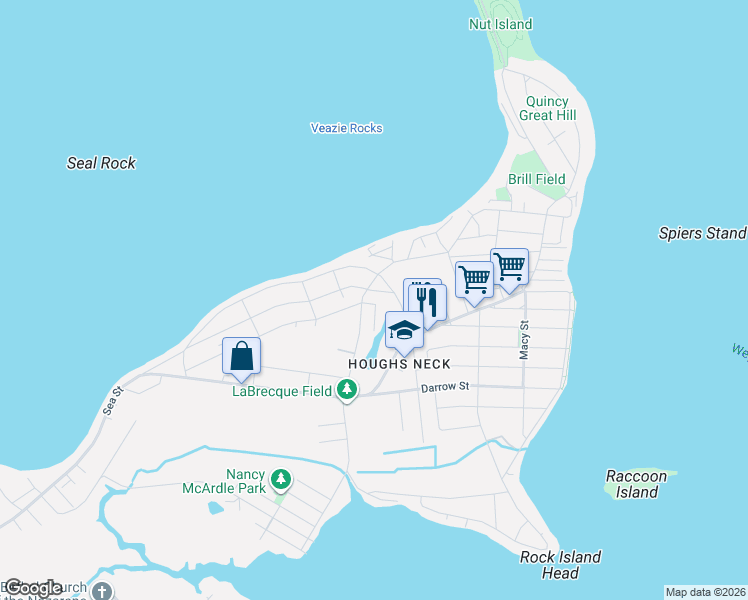 map of restaurants, bars, coffee shops, grocery stores, and more near 21 Lakeside Avenue in Quincy