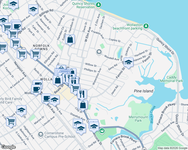 map of restaurants, bars, coffee shops, grocery stores, and more near 133 Marlboro Street in Quincy