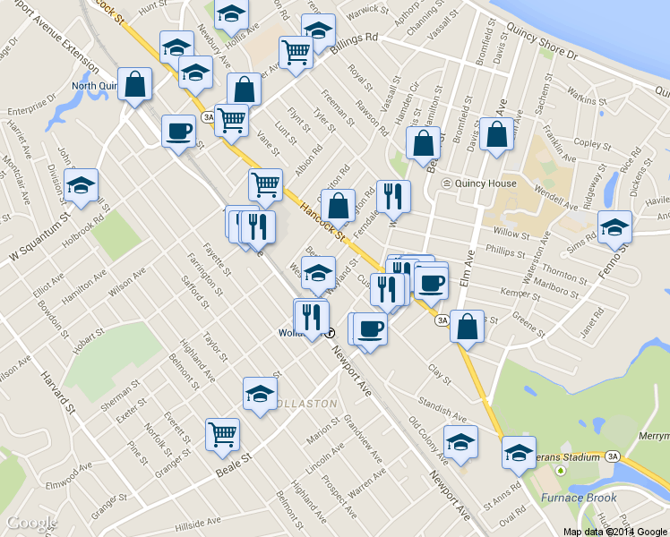 map of restaurants, bars, coffee shops, grocery stores, and more near 40 Berlin Street in Quincy
