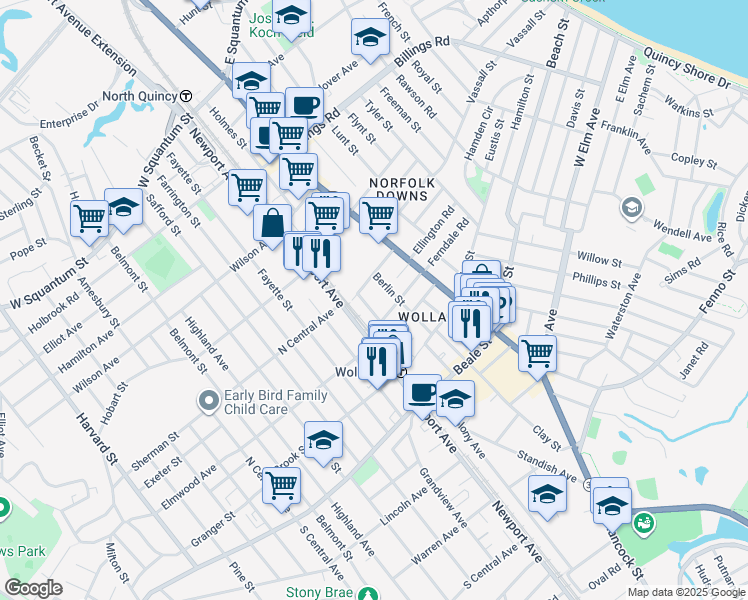 map of restaurants, bars, coffee shops, grocery stores, and more near 21 Weston Avenue in Quincy