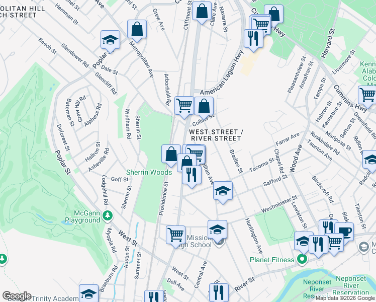 map of restaurants, bars, coffee shops, grocery stores, and more near 915 Hyde Park Avenue in Boston