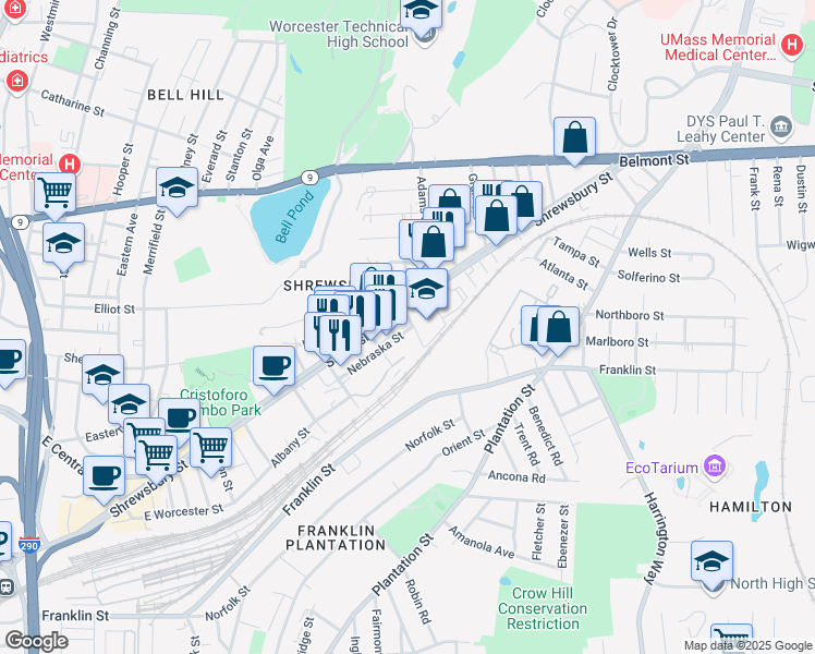 map of restaurants, bars, coffee shops, grocery stores, and more near 17 Putnam Lane in Worcester