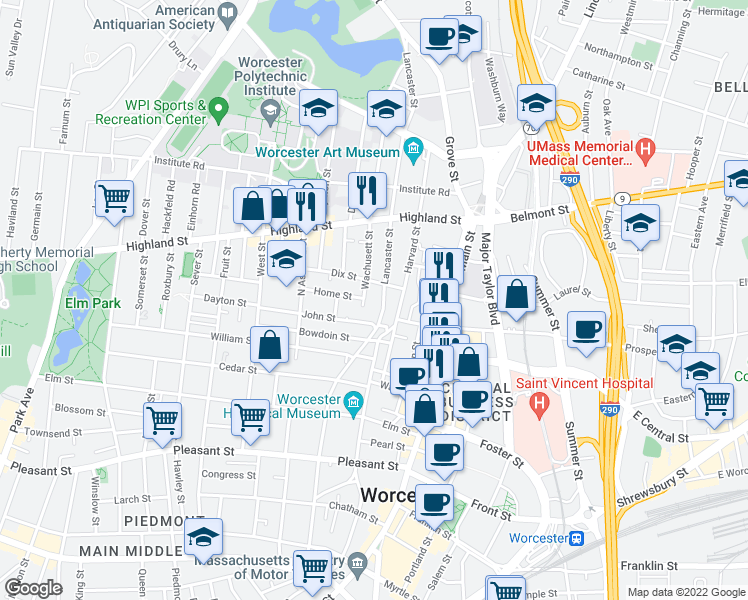 map of restaurants, bars, coffee shops, grocery stores, and more near 6 Wachusett Street in Worcester