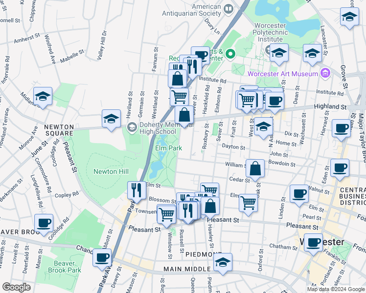 map of restaurants, bars, coffee shops, grocery stores, and more near 7 Somerset Street in Worcester