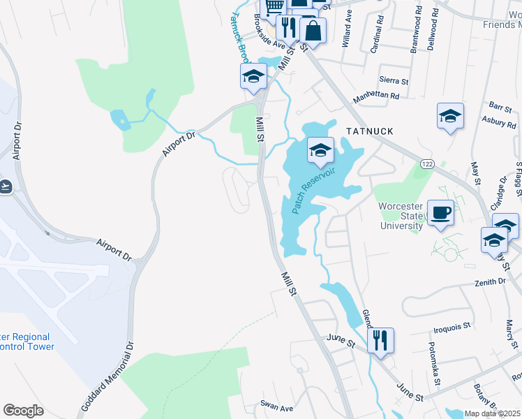 map of restaurants, bars, coffee shops, grocery stores, and more near 483 Mill Street in Worcester
