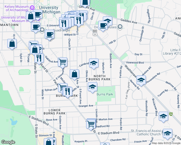 map of restaurants, bars, coffee shops, grocery stores, and more near 1040 Olivia Avenue in Ann Arbor