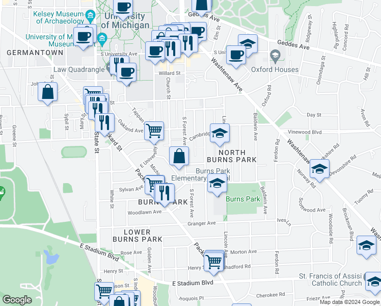 map of restaurants, bars, coffee shops, grocery stores, and more near 1113 South Forest Avenue in Ann Arbor
