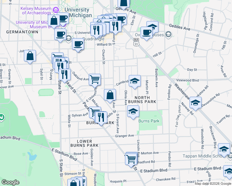 map of restaurants, bars, coffee shops, grocery stores, and more near 1113 South Forest Avenue in Ann Arbor
