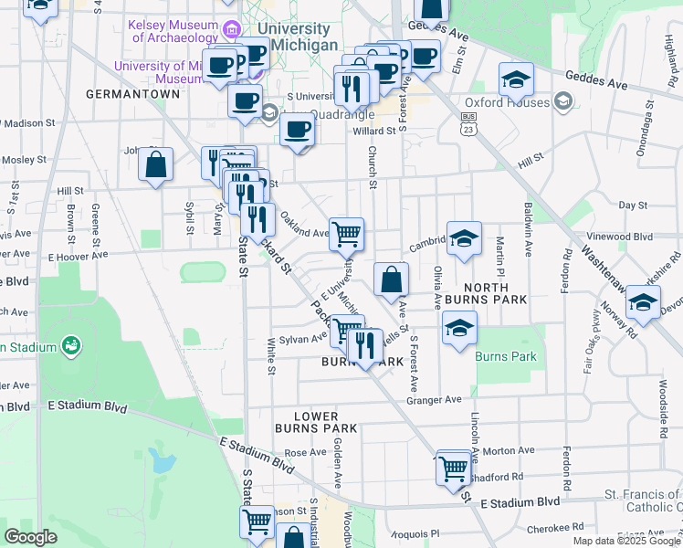 map of restaurants, bars, coffee shops, grocery stores, and more near 1108 East University Avenue in Ann Arbor